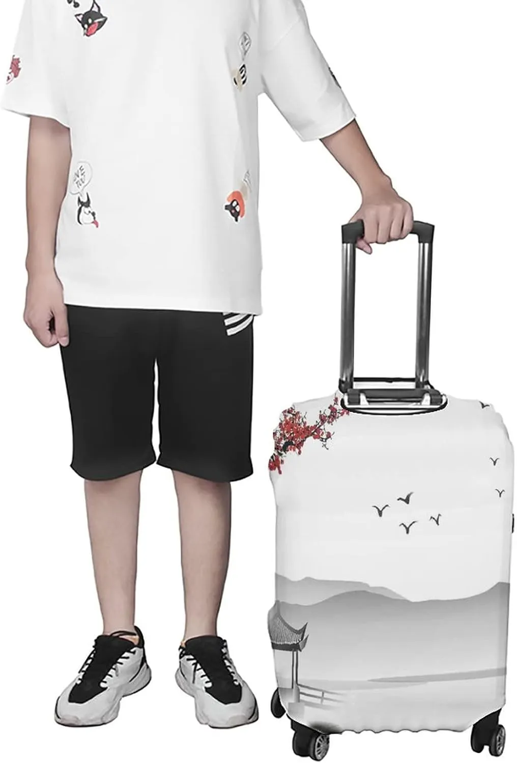 Washable Luggage Cover, Asian Travel Suitcase Cover, Japanese Style Garden Bird Small Pavilion, Fits 26-28 Inch Luggage, Washable Dustproof Anti-Scratch, Grey Pink Red