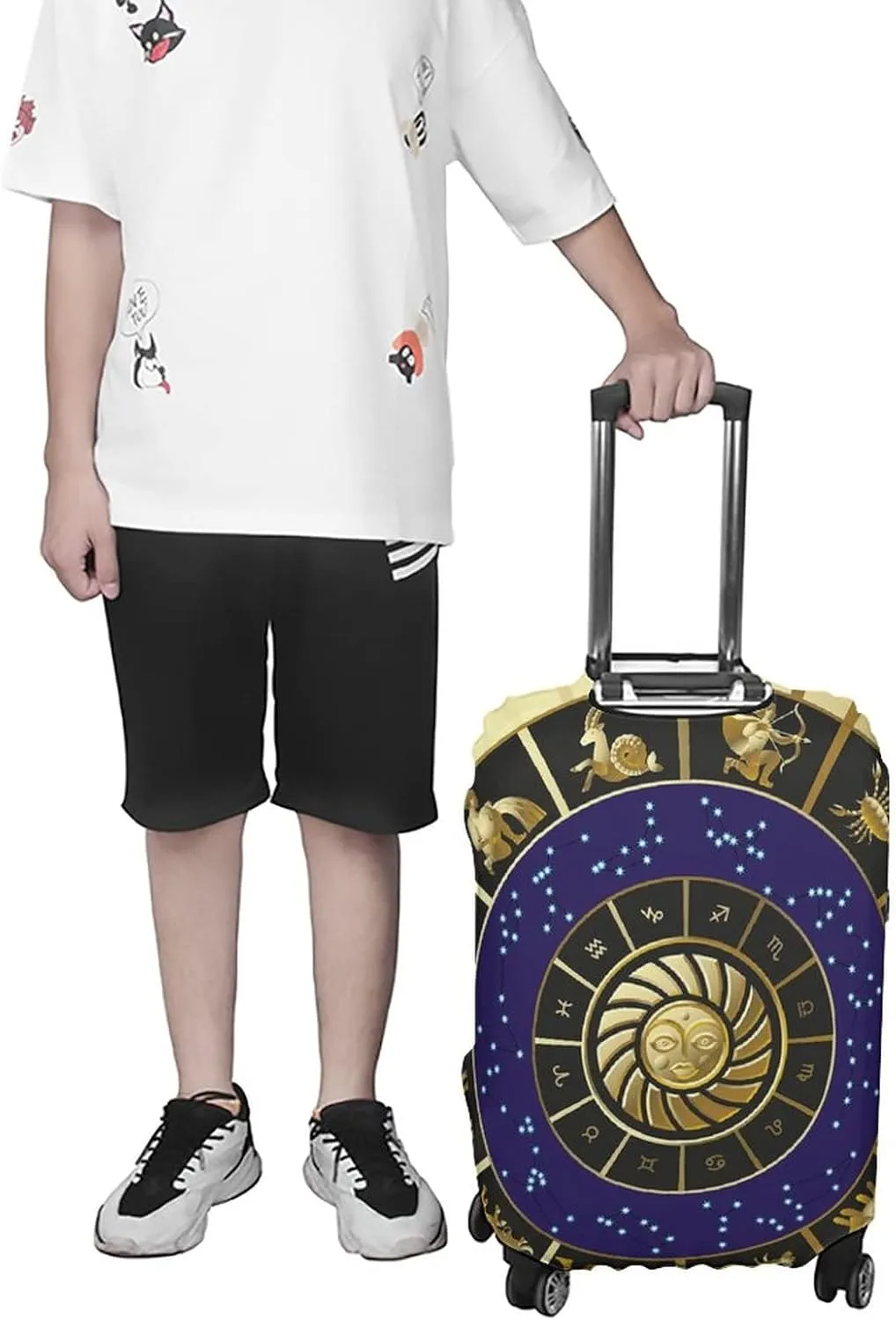 Washable Luggage Cover, Astrology Travel Suitcase Cover, Plaquet Seem Square Shape Details Zodiac, Fits 26-28 Inch Luggage, Washable Dustproof Anti-Scratch, Black Gold and Navy Blue