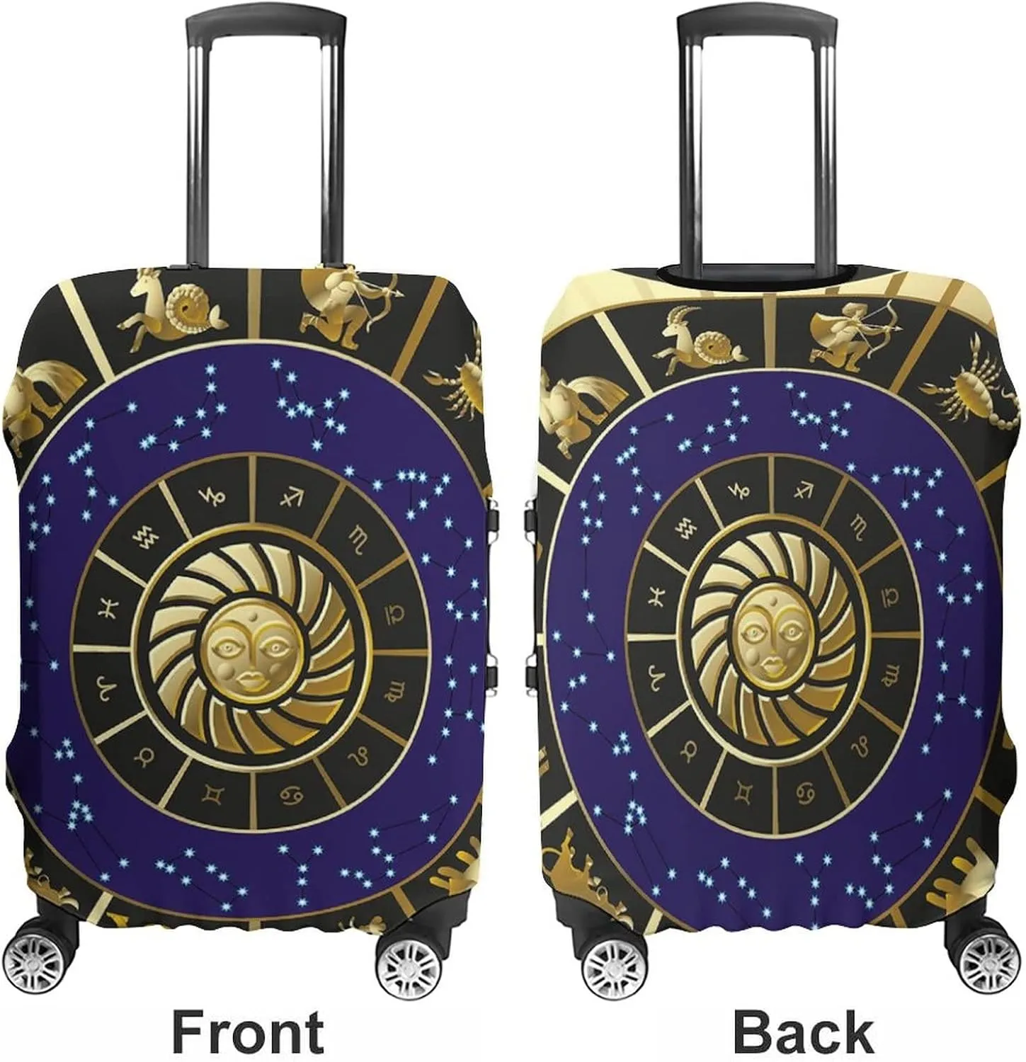 Washable Luggage Cover, Astrology Travel Suitcase Cover, Plaquet Seem Square Shape Details Zodiac, Fits 26-28 Inch Luggage, Washable Dustproof Anti-Scratch, Black Gold and Navy Blue
