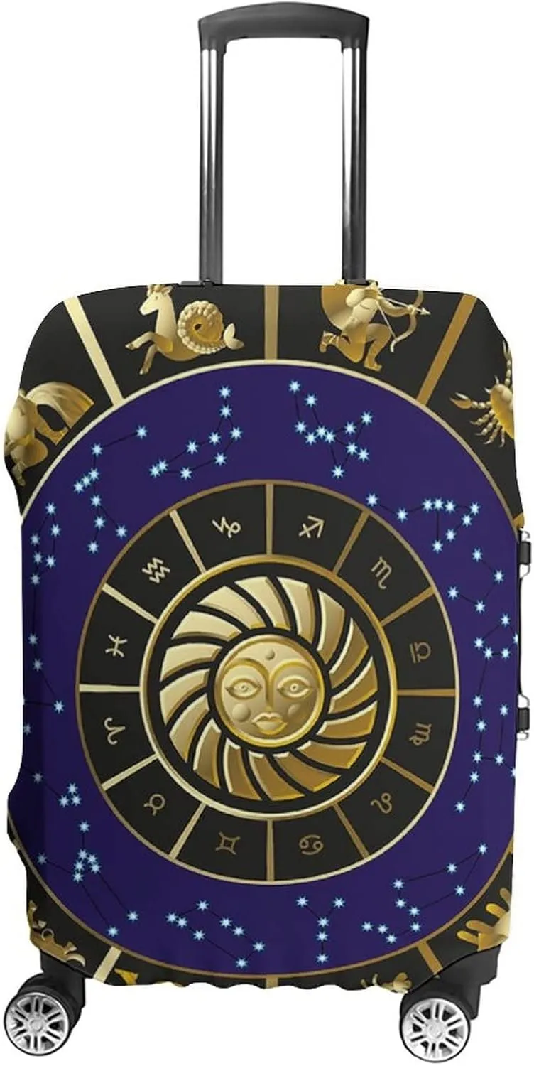 Washable Luggage Cover, Astrology Travel Suitcase Cover, Plaquet Seem Square Shape Details Zodiac, Fits 26-28 Inch Luggage, Washable Dustproof Anti-Scratch, Black Gold and Navy Blue