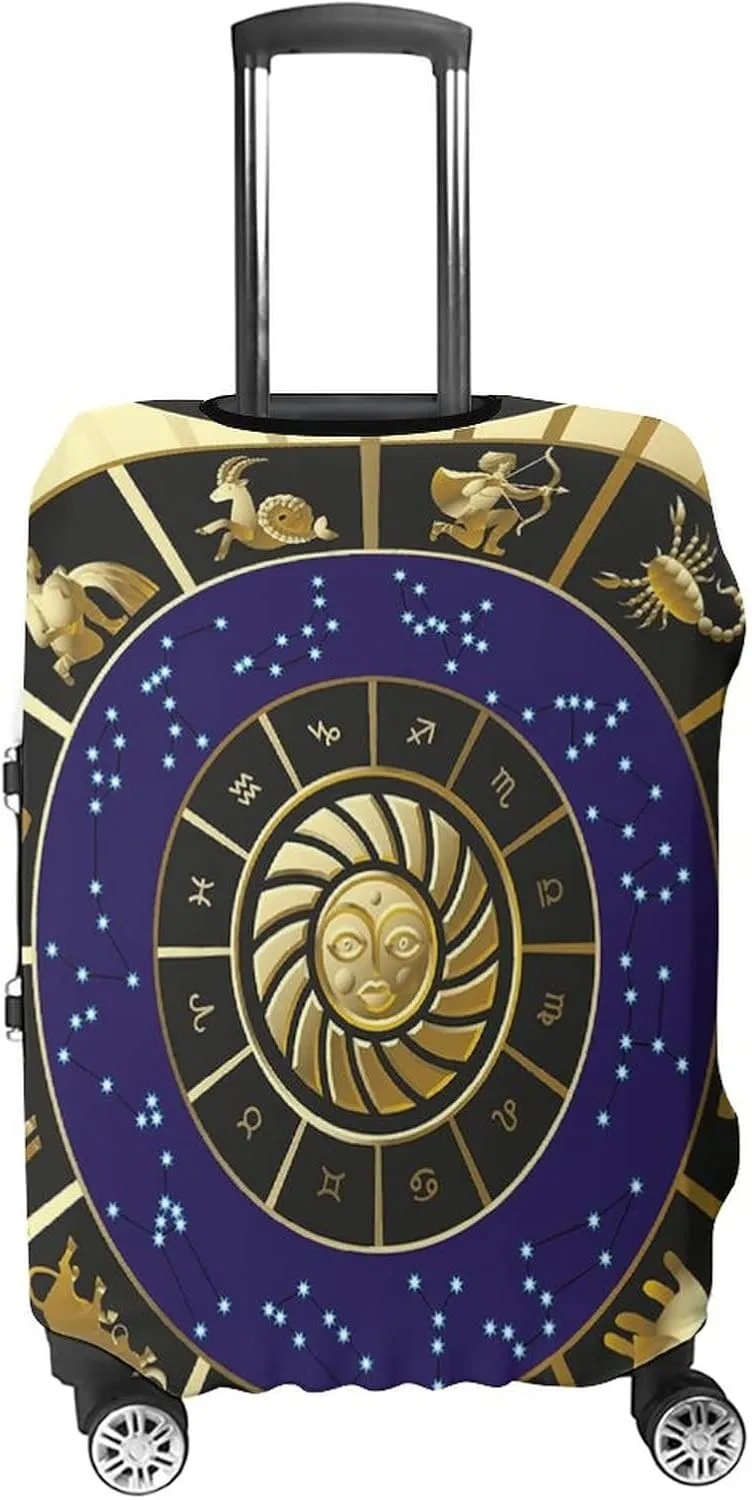 Washable Luggage Cover, Astrology Travel Suitcase Cover, Plaquet Seem Square Shape Details Zodiac, Fits 26-28 Inch Luggage, Washable Dustproof Anti-Scratch, Black Gold and Navy Blue