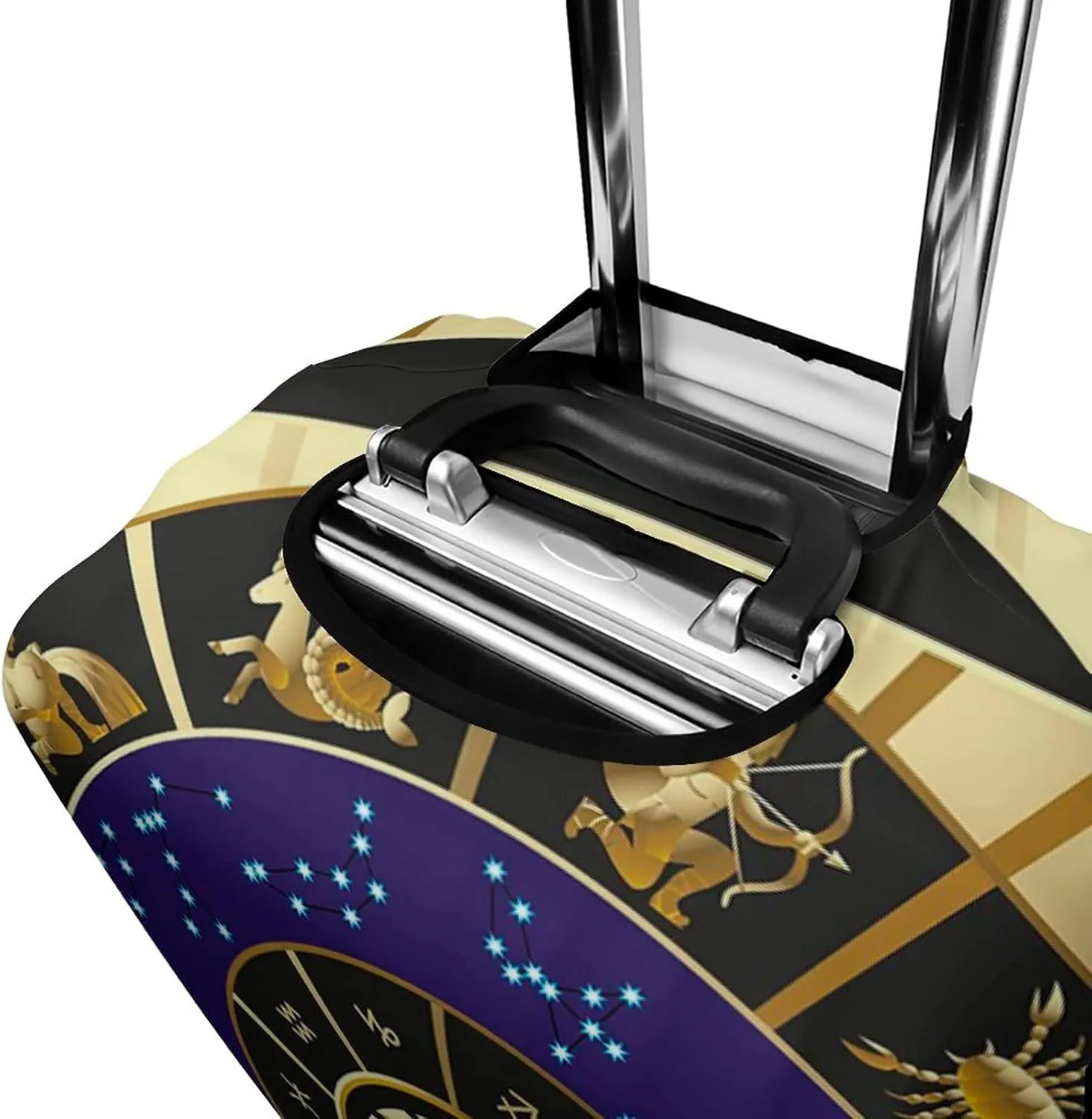 Washable Luggage Cover, Astrology Travel Suitcase Cover, Plaquet Seem Square Shape Details Zodiac, Fits 26-28 Inch Luggage, Washable Dustproof Anti-Scratch, Black Gold and Navy Blue