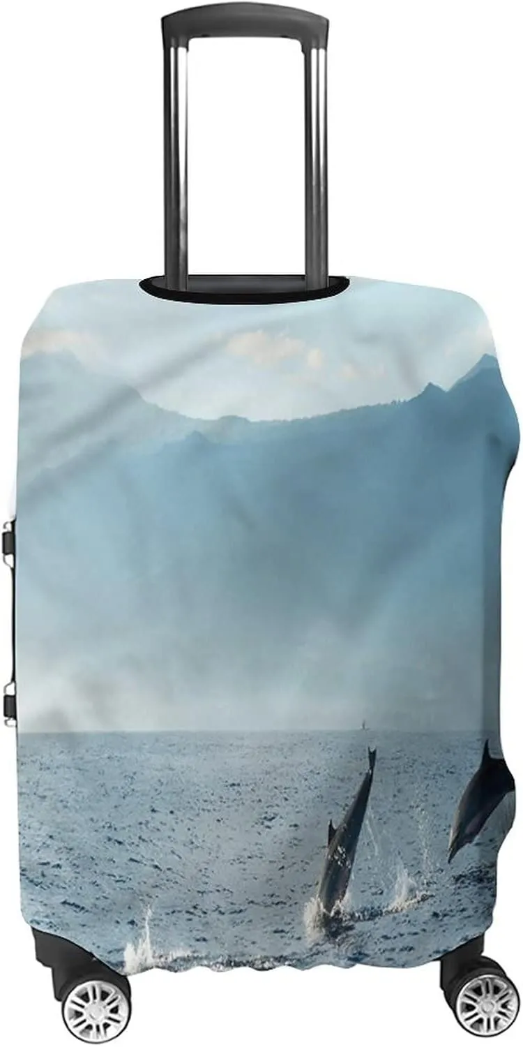 Washable Luggage Cover, Balinese Elastic Travel Luggage Cover, Dolphins in Pacific Ocean, Fits 19-21 Inch Luggage, Great For Vacation Travel, Multicolor