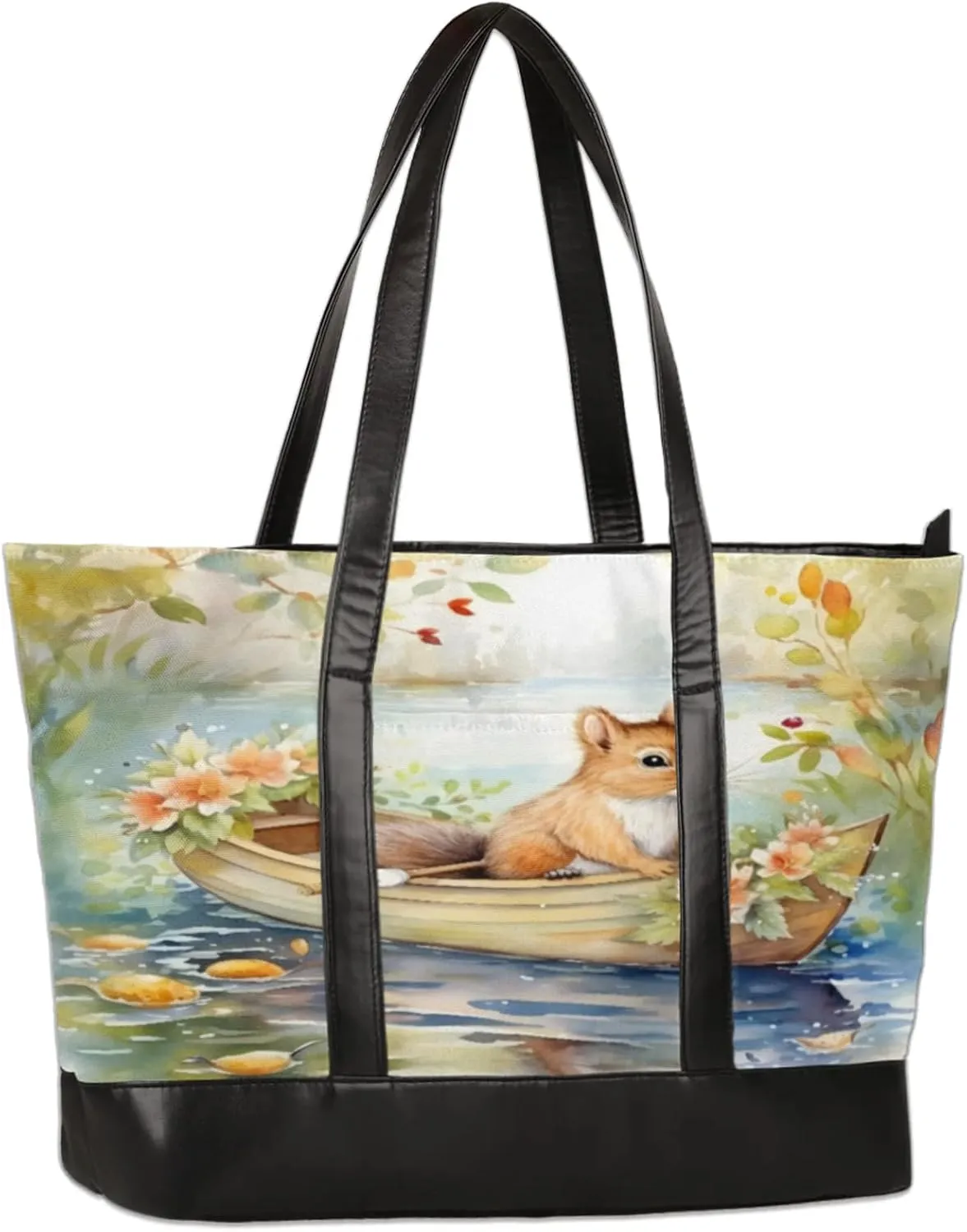 Watercolor Squirrel River Boat Laptop Tote Bag for Women Lightweight Work Purse with Multiple Compartments Fits 13-15.6 Inch Laptop Tablet Shoulder Bag for Office Travel Daily Use