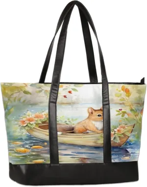 Watercolor Squirrel River Boat Laptop Tote Bag for Women Lightweight Work Purse with Multiple Compartments Fits 13-15.6 Inch Laptop Tablet Shoulder Bag for Office Travel Daily Use