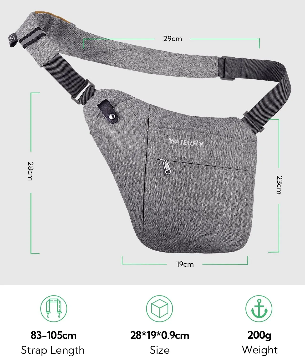 WATERFLY Sling Crossbody Chest Bag: Slim Anti-Theft Cross Body Bag Over Shoulder Backpack Stealth Side Pack Man Woman