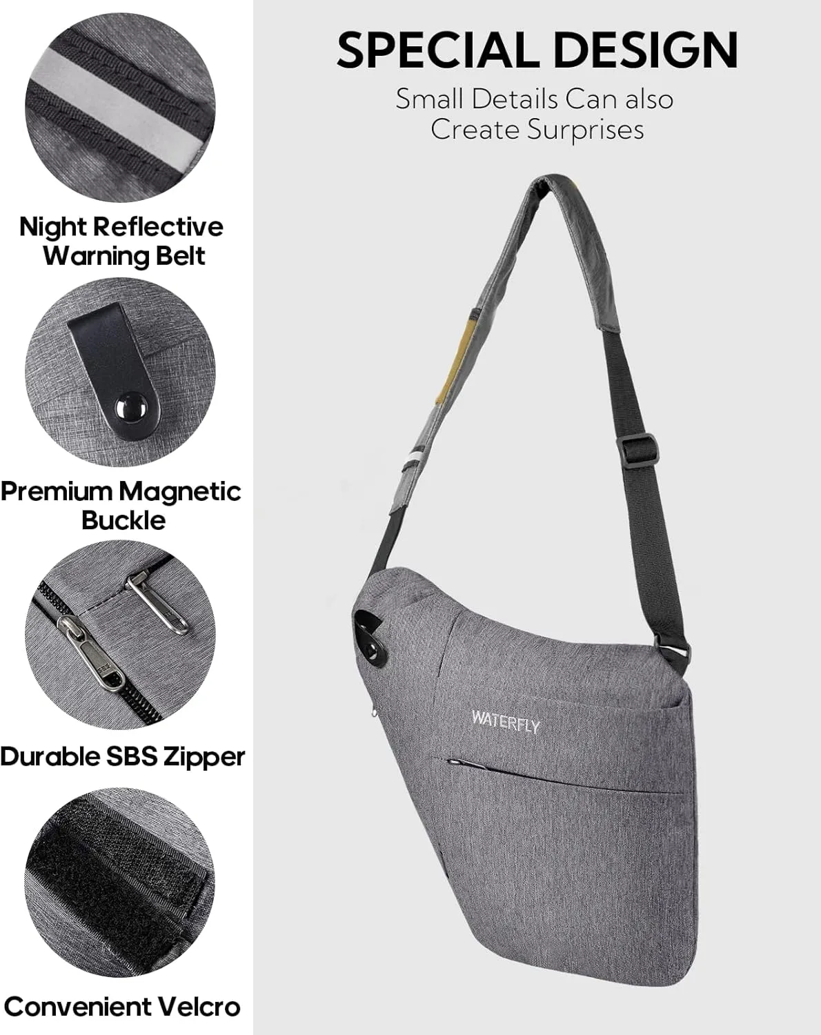 WATERFLY Sling Crossbody Chest Bag: Slim Anti-Theft Cross Body Bag Over Shoulder Backpack Stealth Side Pack Man Woman