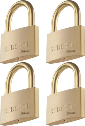 Weather Proof Lock, Keyed Alike Solid Brass Padlocks with Brass Shackle, Light Duty, 1-1/2" Wide Body, Marine Padlock, Anti Rust Lock, 4 Pack