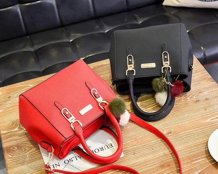 Wendy – Compact Structured Handbag with Fur Pom-Pom Charm