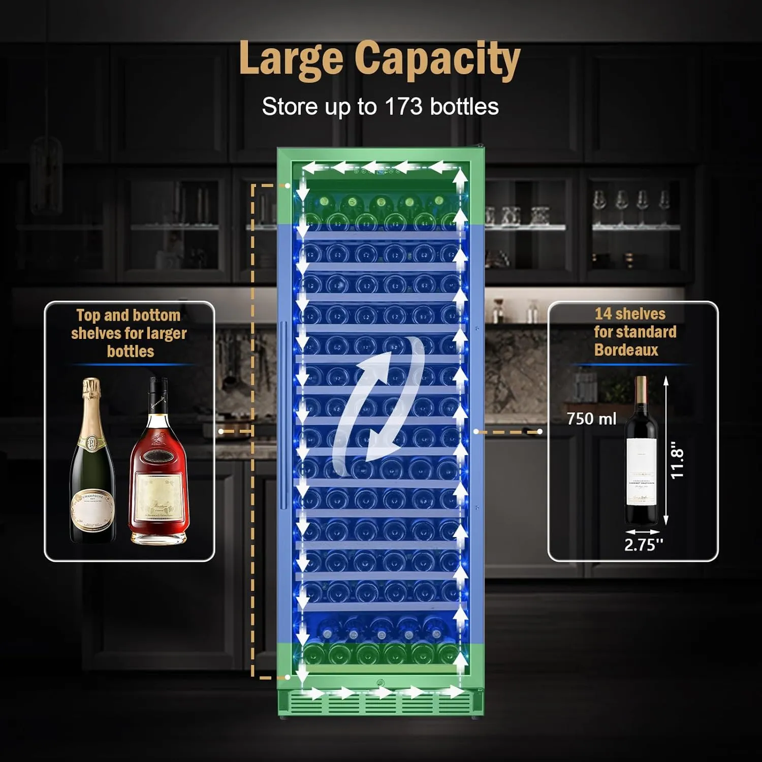 Wine Fridge Freestanding,173 Bottles 24 Inch Wine Cooler Refrigerator, Tall Wine Fridge with Compressor Low Noise Fast Cooling, Wine Cellar with Upgraded Door Handle Sliding Rail Shelves