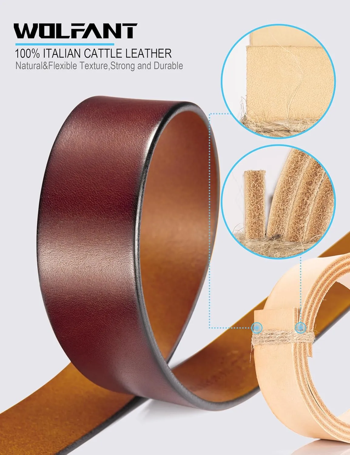 WOLFANT 1.5" Full Grain Leather Belt for Men,100% Italian Solid Durable Leather