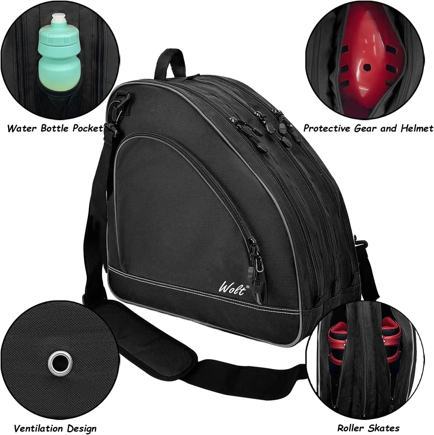 WOLT Ice Skate Bag - Roller Skate Bag, Inline Skate Bag with Adjustable Shoulder Strap for Both Youth and Adults.