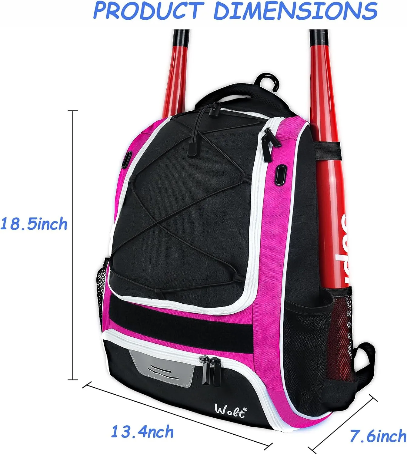 WOLT Youth Baseball Bag - Bat Backpack for Baseball, T-Ball & Softball Equipment & Gear, Bat & Glove Holder, Large Main Compartment for Helmet & accessories, Separate Shoes Compartment, Fence Hook