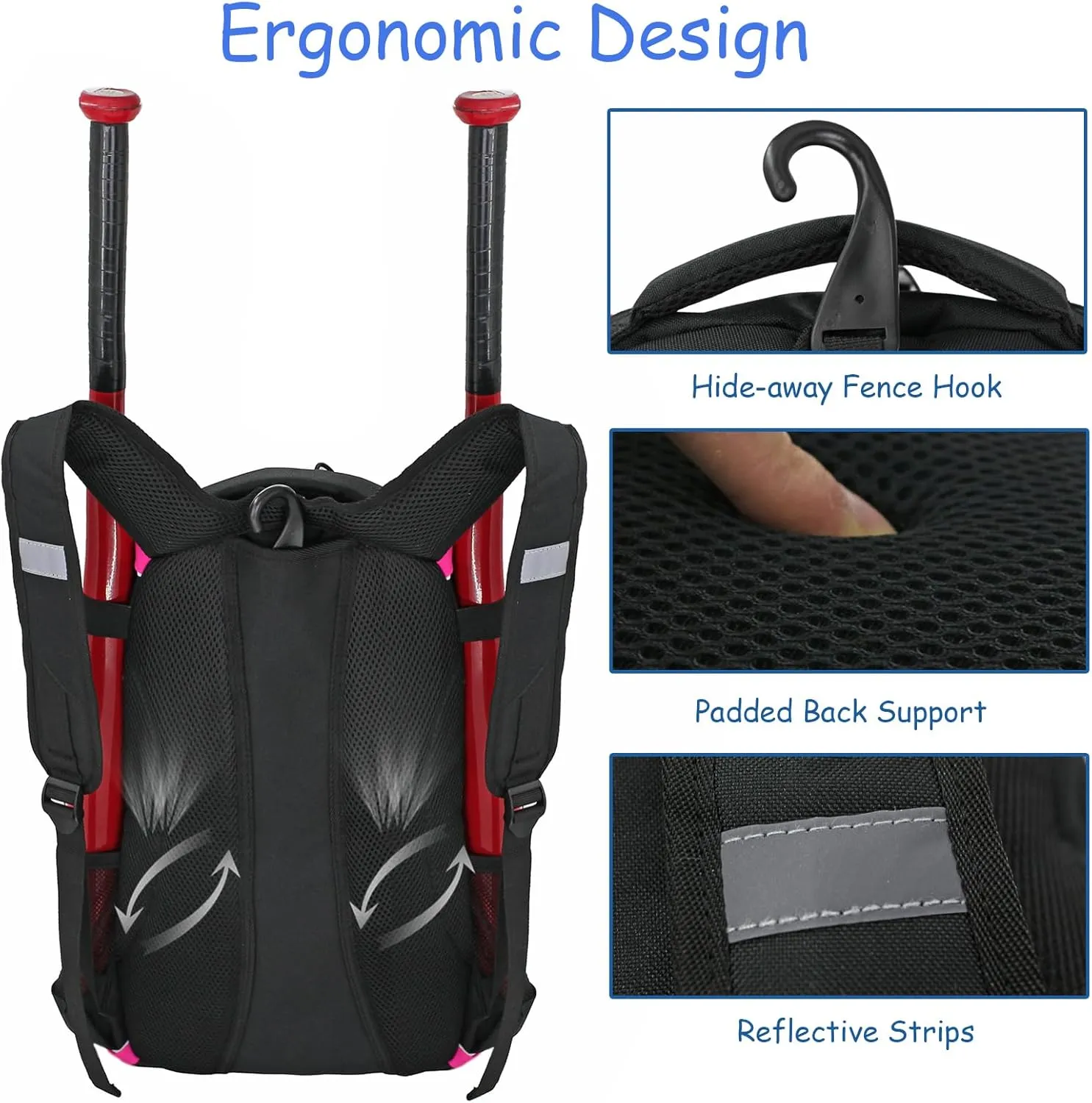WOLT Youth Baseball Bag - Bat Backpack for Baseball, T-Ball & Softball Equipment & Gear, Bat & Glove Holder, Large Main Compartment for Helmet & accessories, Separate Shoes Compartment, Fence Hook