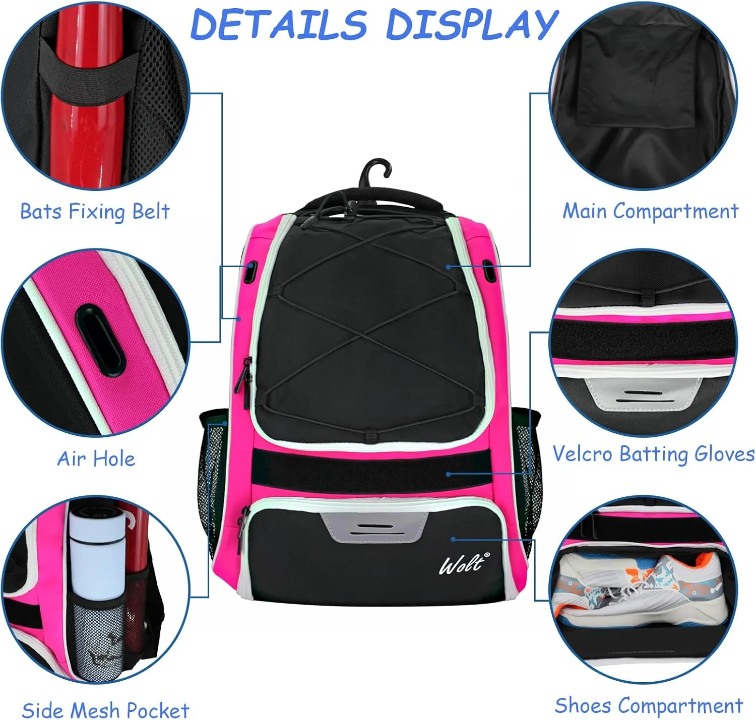 WOLT Youth Baseball Bag - Bat Backpack for Baseball, T-Ball & Softball Equipment & Gear, Bat & Glove Holder, Large Main Compartment for Helmet & accessories, Separate Shoes Compartment, Fence Hook