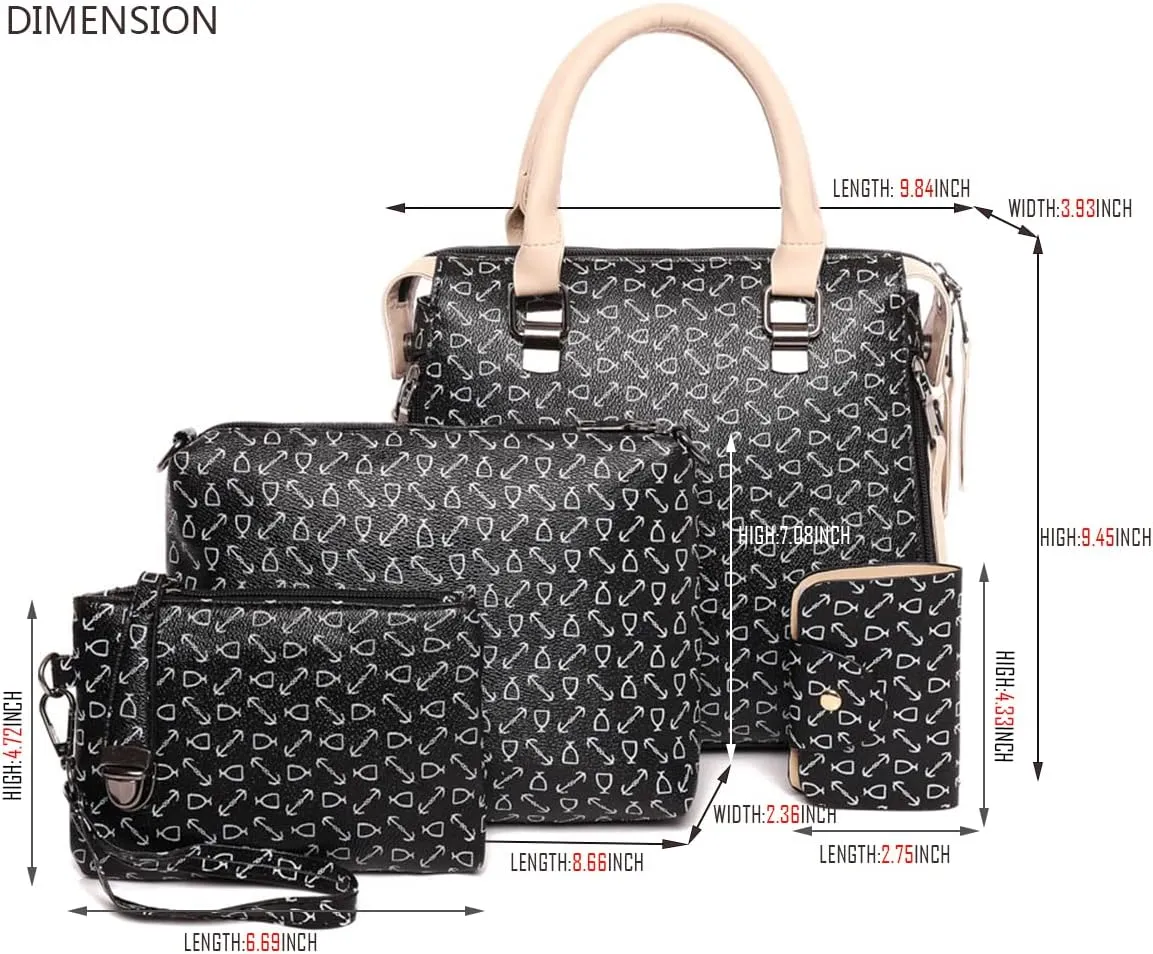 Women 4pcs Set Handbag and Purses Graffiti Shoulder Bag Leather Satchels