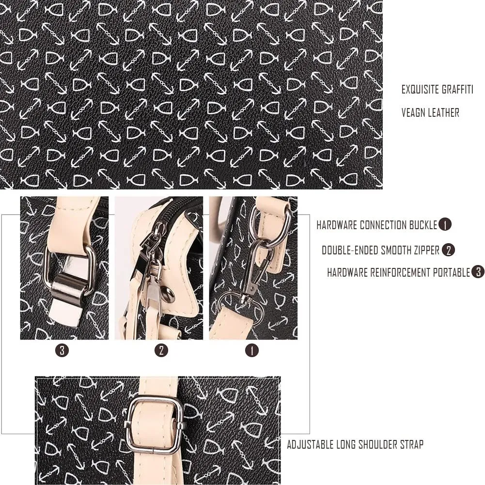Women 4pcs Set Handbag and Purses Graffiti Shoulder Bag Leather Satchels
