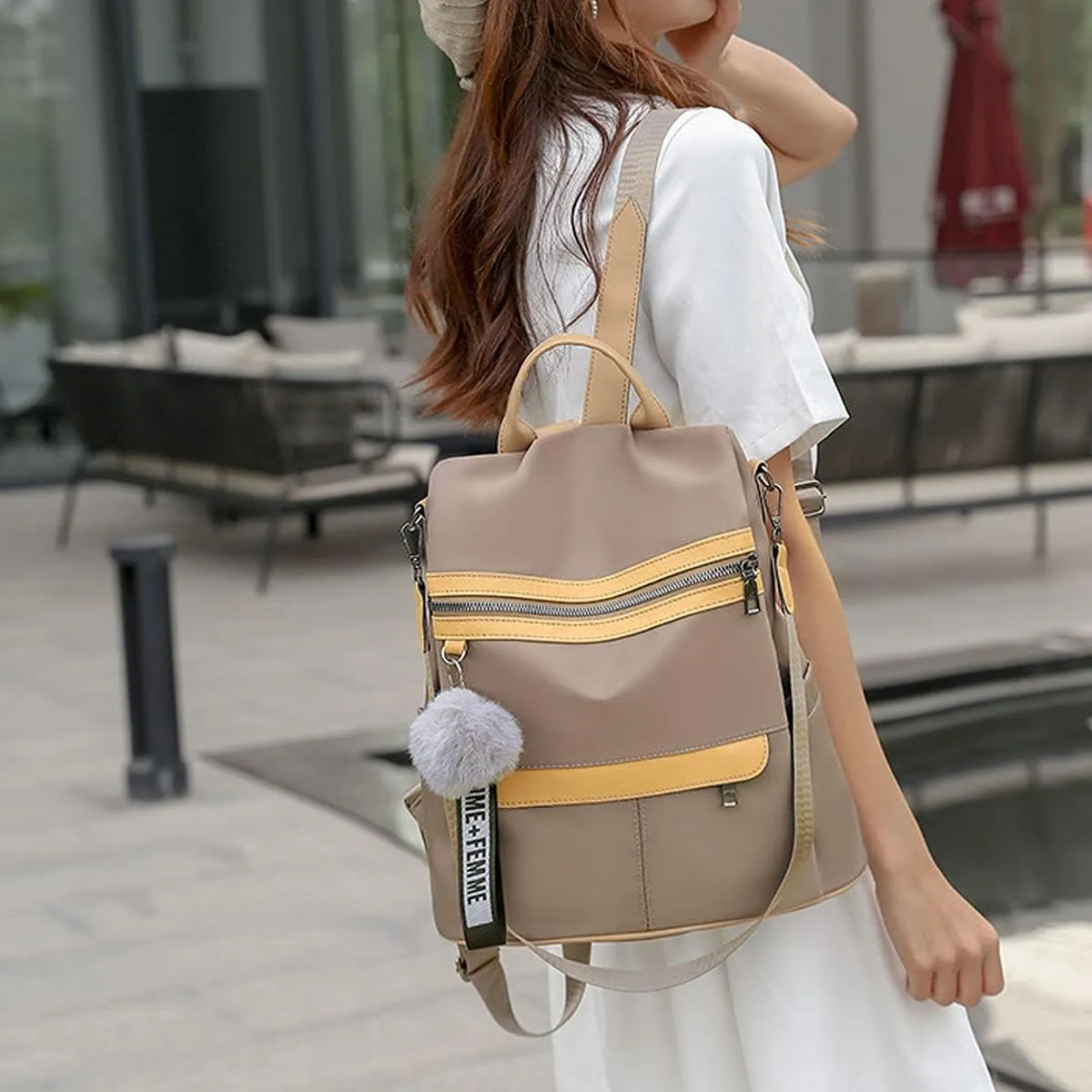 Women Backpack Purse Oxford Cloth Anti-theft Fashion Casual Lightweight Travel Shoulder Bag, Khaki, One Size