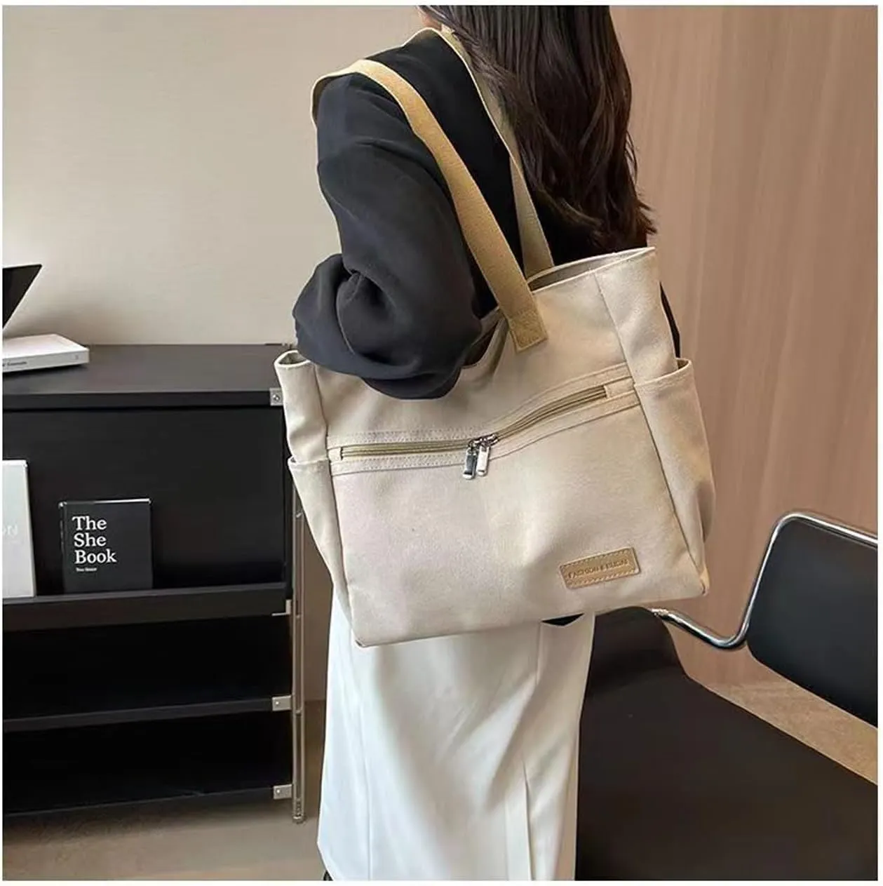Women Canvas Tote Handbags Zipper Casual Shoulder Work Bag Top Handle Bag Purses