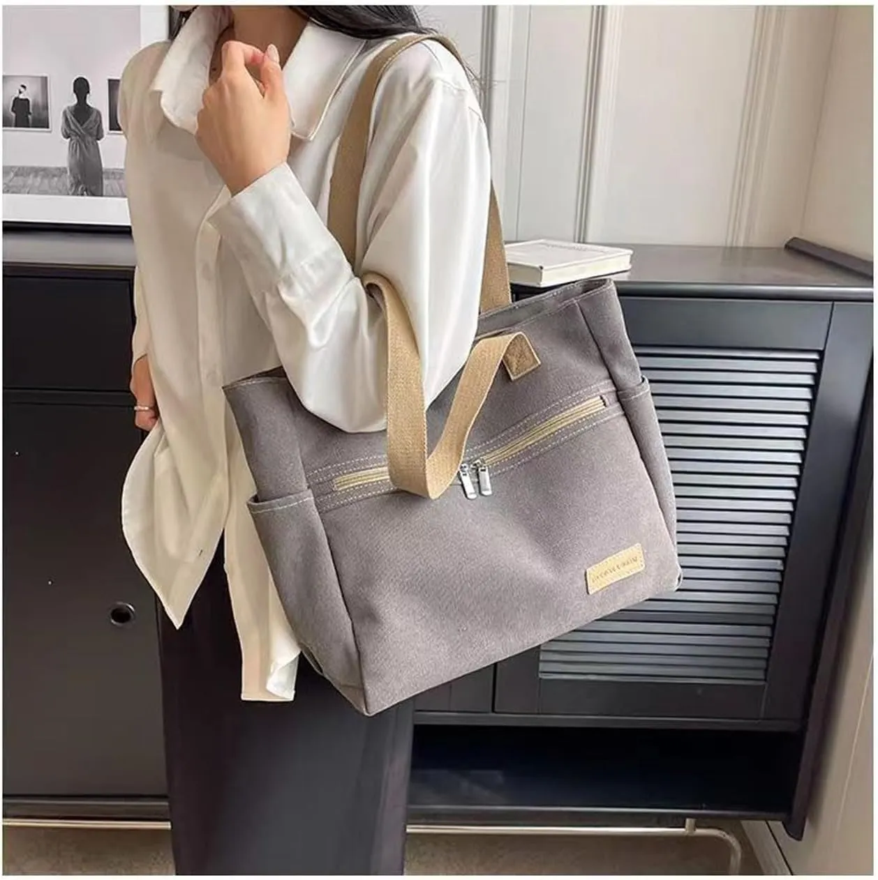 Women Canvas Tote Handbags Zipper Casual Shoulder Work Bag Top Handle Bag Purses