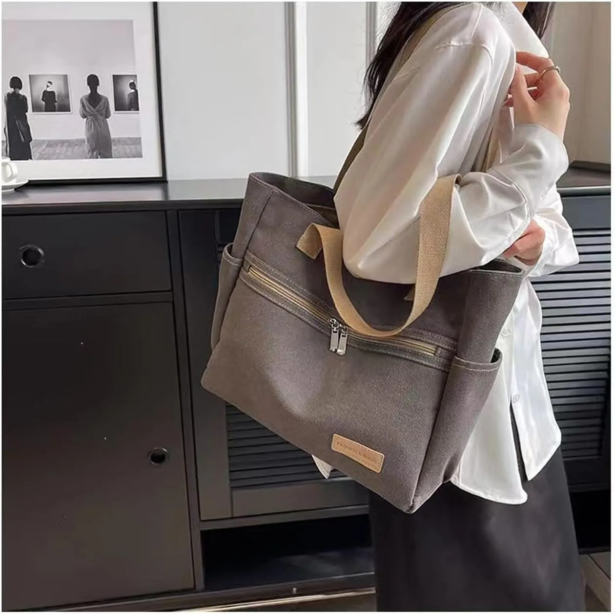 Women Canvas Tote Handbags Zipper Casual Shoulder Work Bag Top Handle Bag Purses