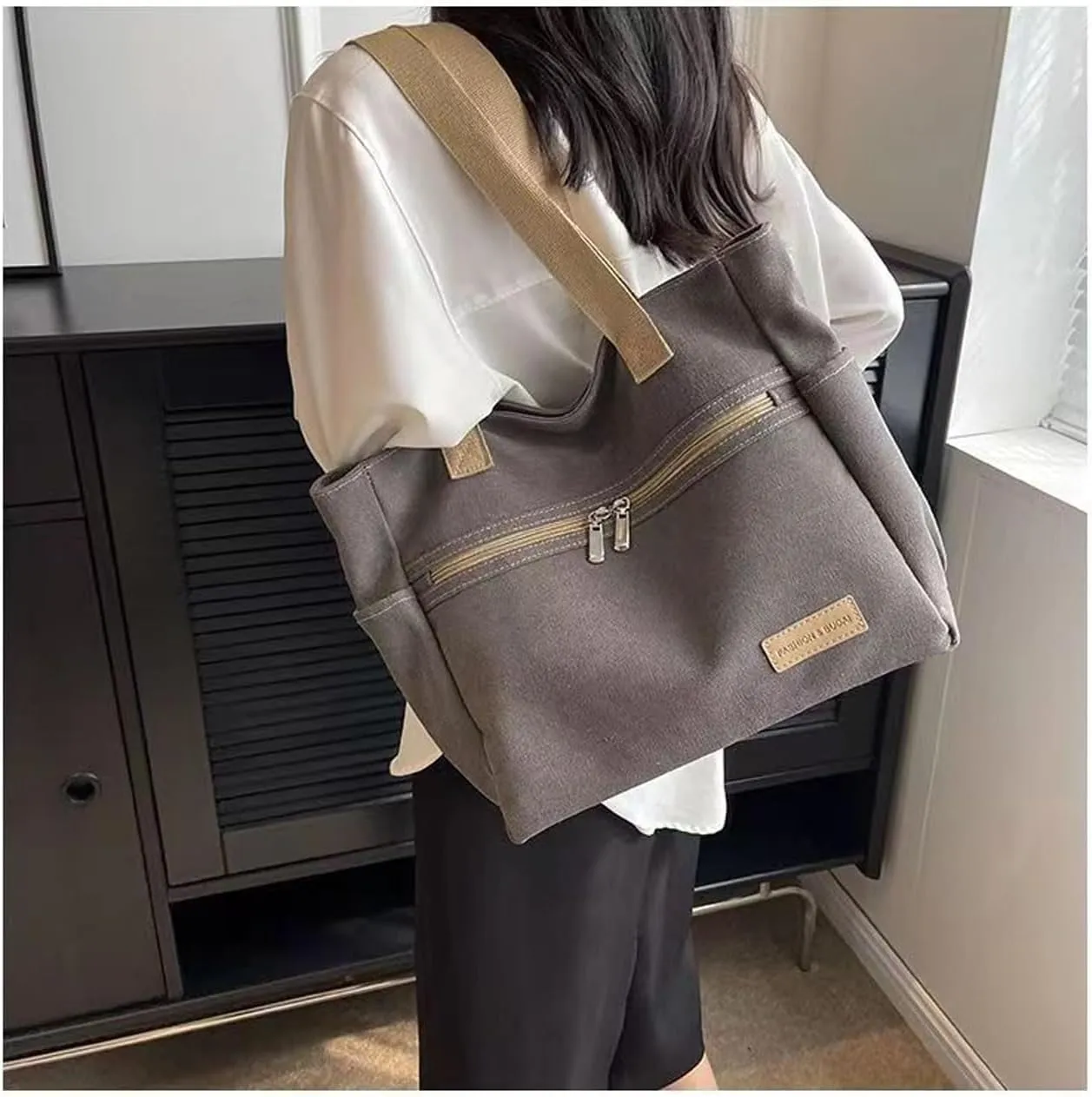 Women Canvas Tote Handbags Zipper Casual Shoulder Work Bag Top Handle Bag Purses