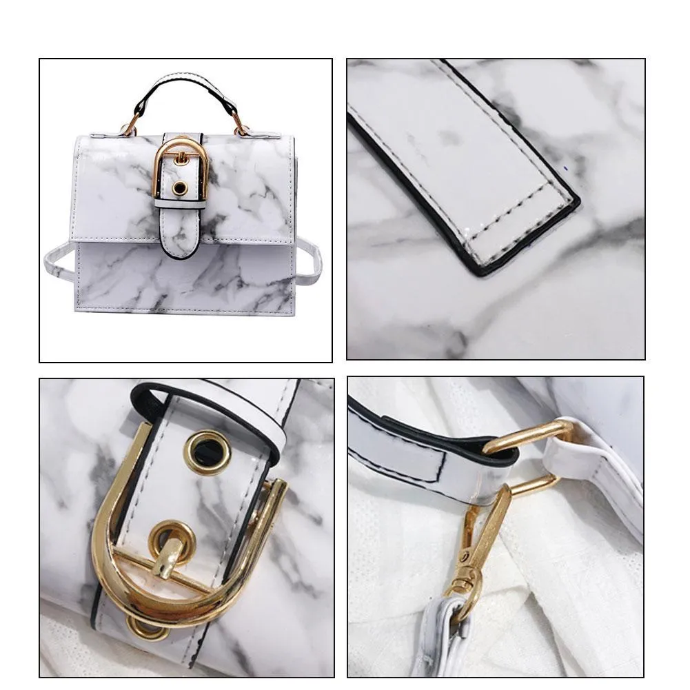 Women Girl Flap Bag Marble Pattern Leather