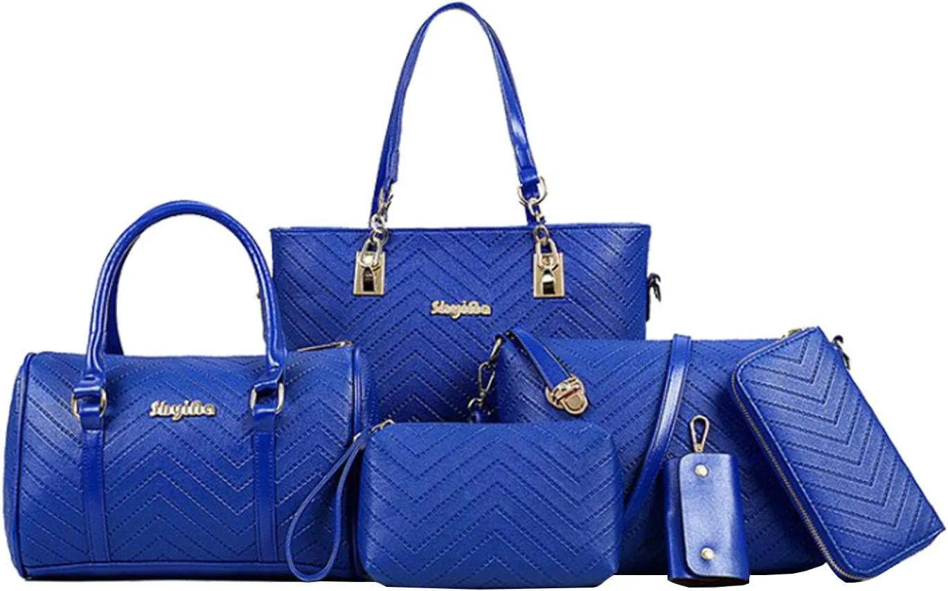 Women Handbags 6 Pcs Set PU Top Handle Purse Splicing Shoulder Crossbody Bag Tote Satchels Clutch Card Holder
