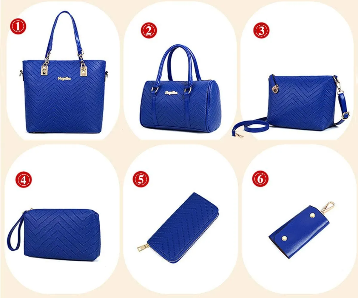 Women Handbags 6 Pcs Set PU Top Handle Purse Splicing Shoulder Crossbody Bag Tote Satchels Clutch Card Holder