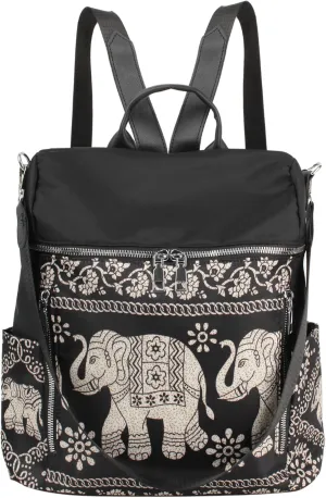 Women Medium Floral Elephant Oxford Backpack Anti-theft Back Zipper Closure Daypack Convertible Shoulder Bag Black