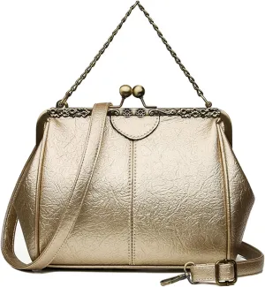 Women Small Retro Kiss Lock Handbag PU Leather Hollow Tote Purses Satchels Chain
