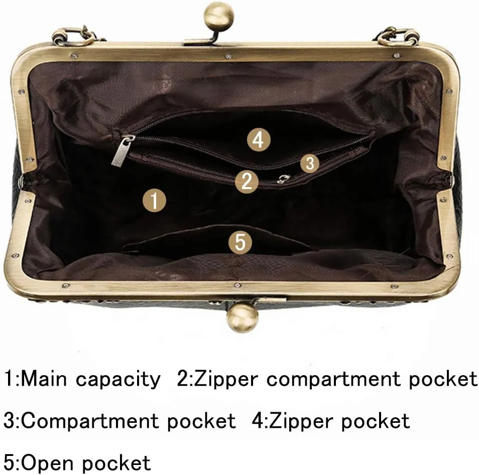 Women Small Retro Kiss Lock Handbag PU Leather Hollow Tote Purses Satchels Chain
