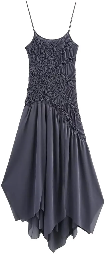 Women Spaghetti Strap Vacation Dress Pleated Decoration Asymmetrical Midi Camisole Dresses