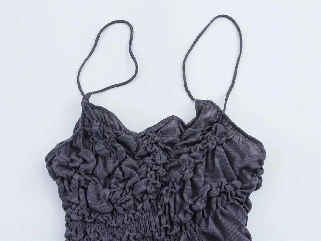 Women Spaghetti Strap Vacation Dress Pleated Decoration Asymmetrical Midi Camisole Dresses