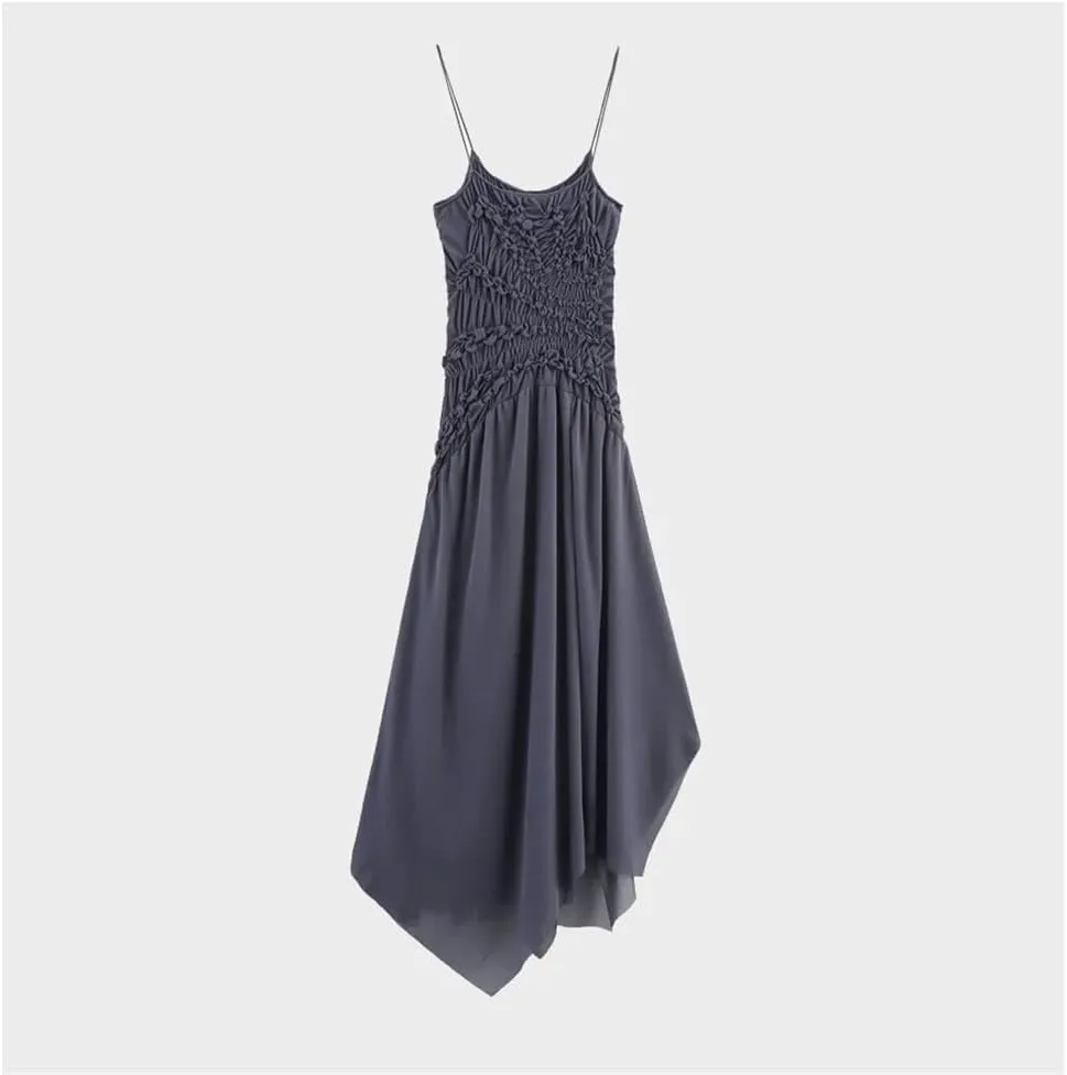 Women Spaghetti Strap Vacation Dress Pleated Decoration Asymmetrical Midi Camisole Dresses