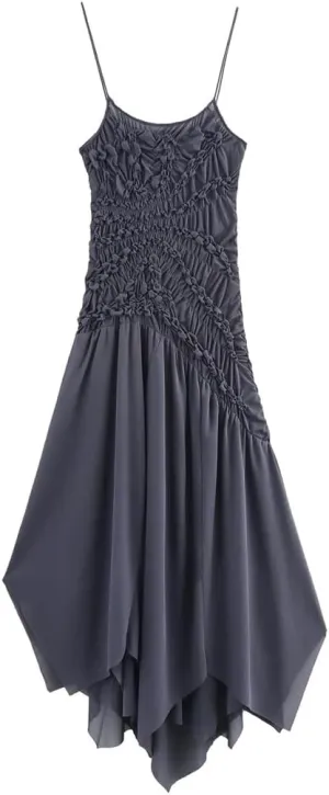Women Spaghetti Strap Vacation Dress Pleated Decoration Asymmetrical Midi Camisole Dresses