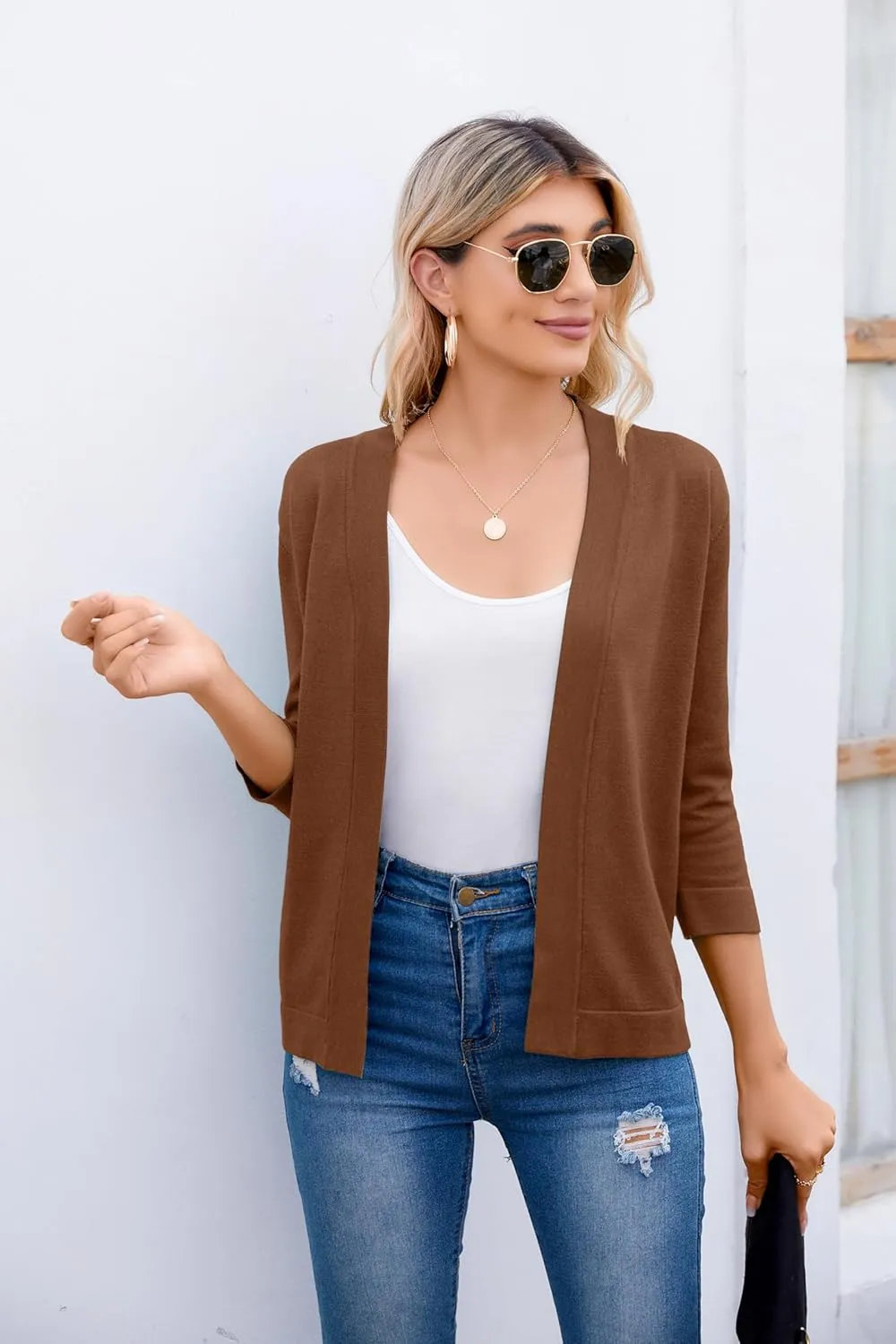 Women's 3/4 Sleeve Open Front Cropped Cardigan Sweater Elegant Shrugs for Women