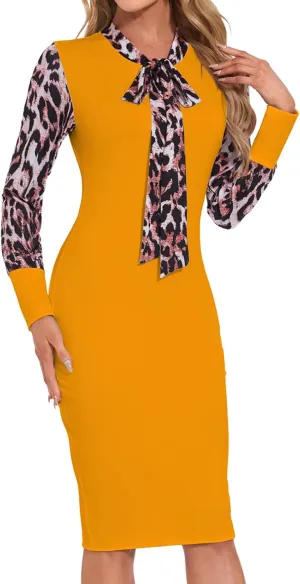 Women's Business Pencil Dress Elegant Tie Neck Colorblock Midi Office Work Sheath Dress
