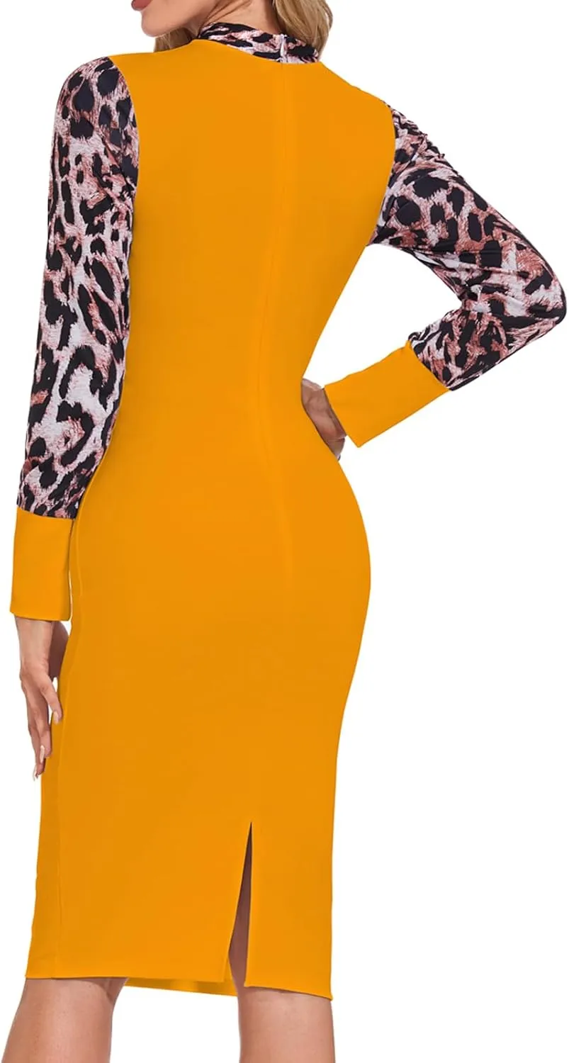 Women's Business Pencil Dress Elegant Tie Neck Colorblock Midi Office Work Sheath Dress