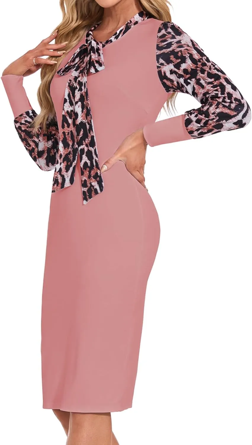Women's Business Pencil Dress Elegant Tie Neck Colorblock Midi Office Work Sheath Dress