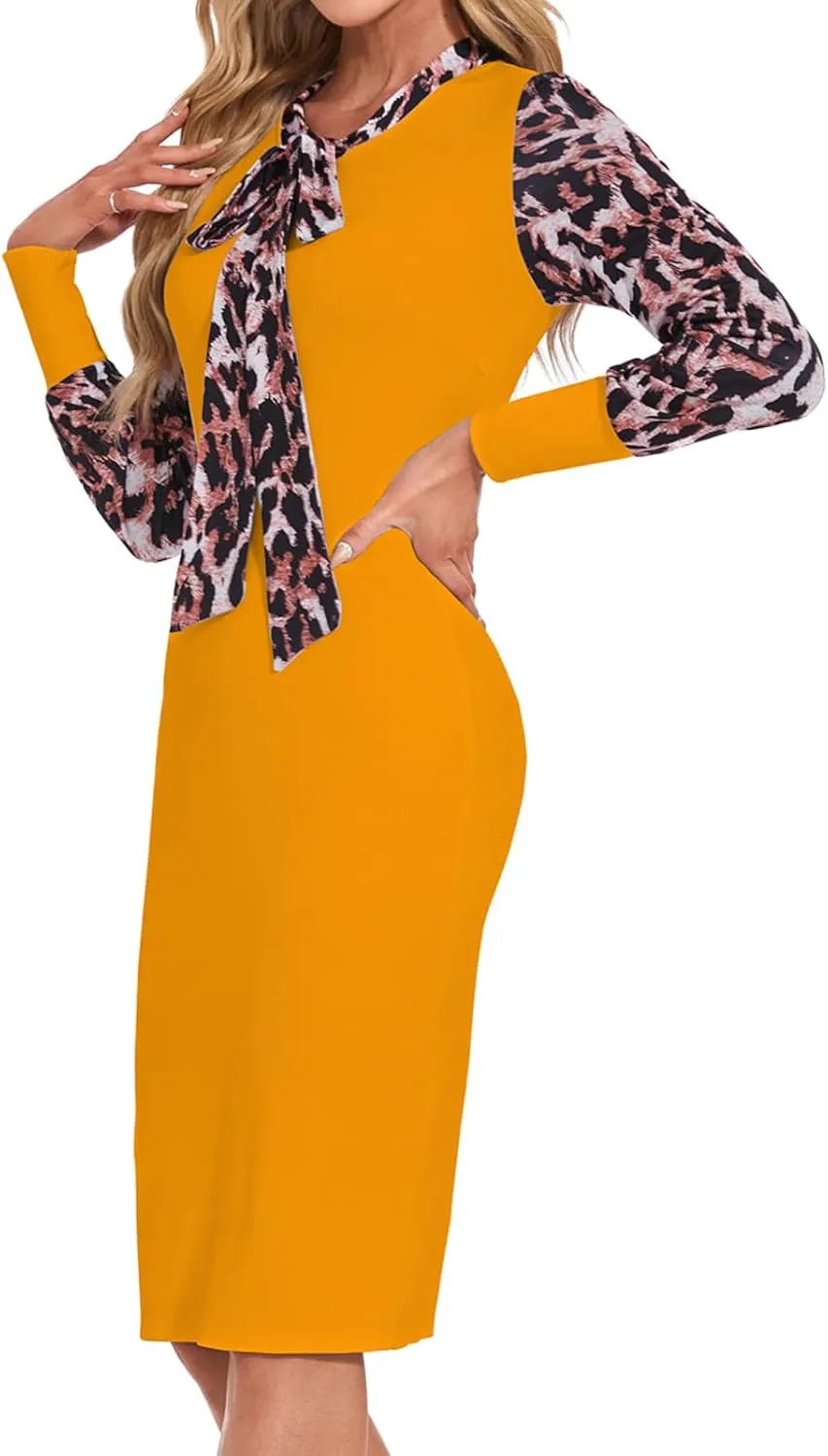 Women's Business Pencil Dress Elegant Tie Neck Colorblock Midi Office Work Sheath Dress