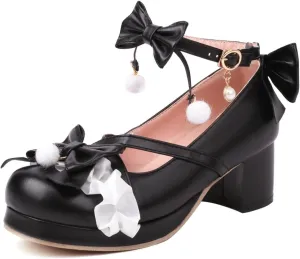 Womens Cute Lolita Platform Cross Strappy Mary Janes Mid Chunky Heel Sweet Bow Ankle Strap Pumps Ladies Wedding Party Cosplay Uniform Dress Shoes