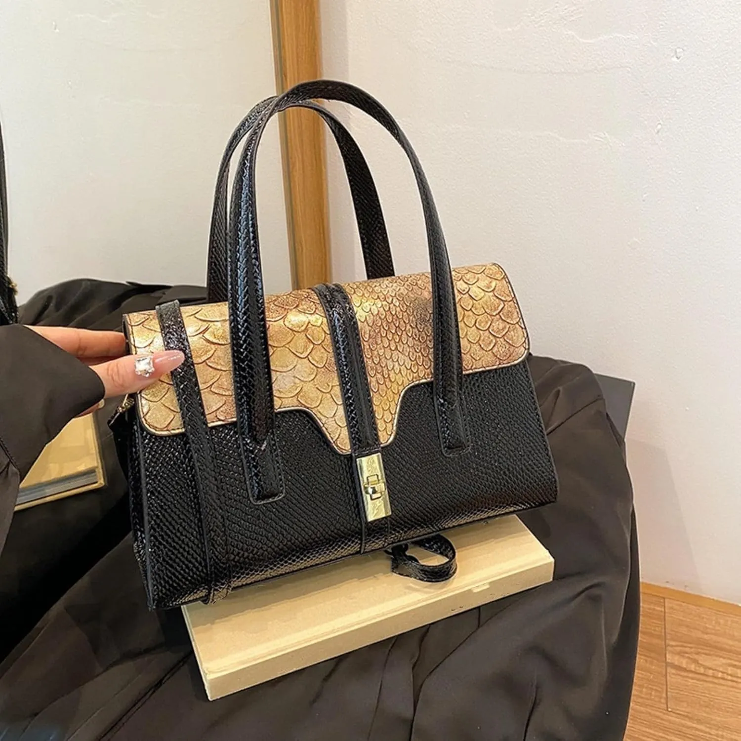 Womens Fashion Snakeskin Evening Handbag Top Handle Clutch Purse Chain Shoulder Cross-body Bag