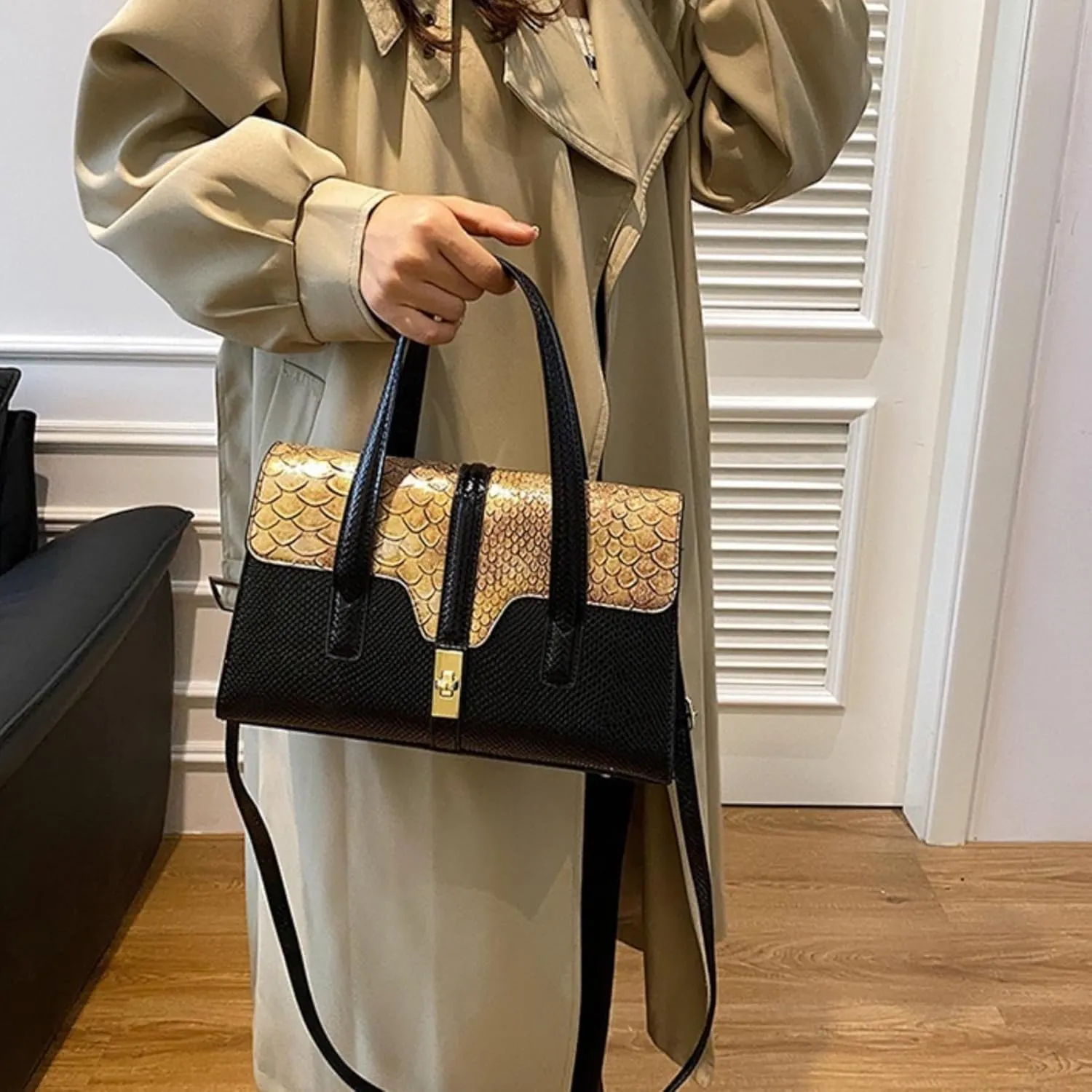 Womens Fashion Snakeskin Evening Handbag Top Handle Clutch Purse Chain Shoulder Cross-body Bag