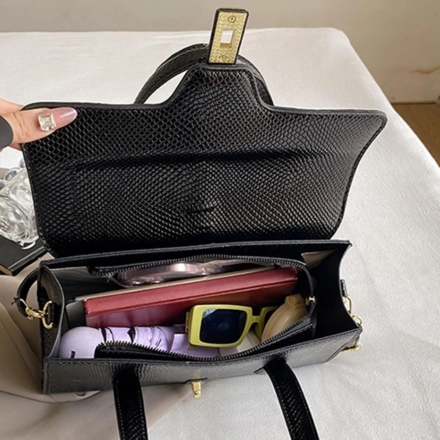 Womens Fashion Snakeskin Evening Handbag Top Handle Clutch Purse Chain Shoulder Cross-body Bag