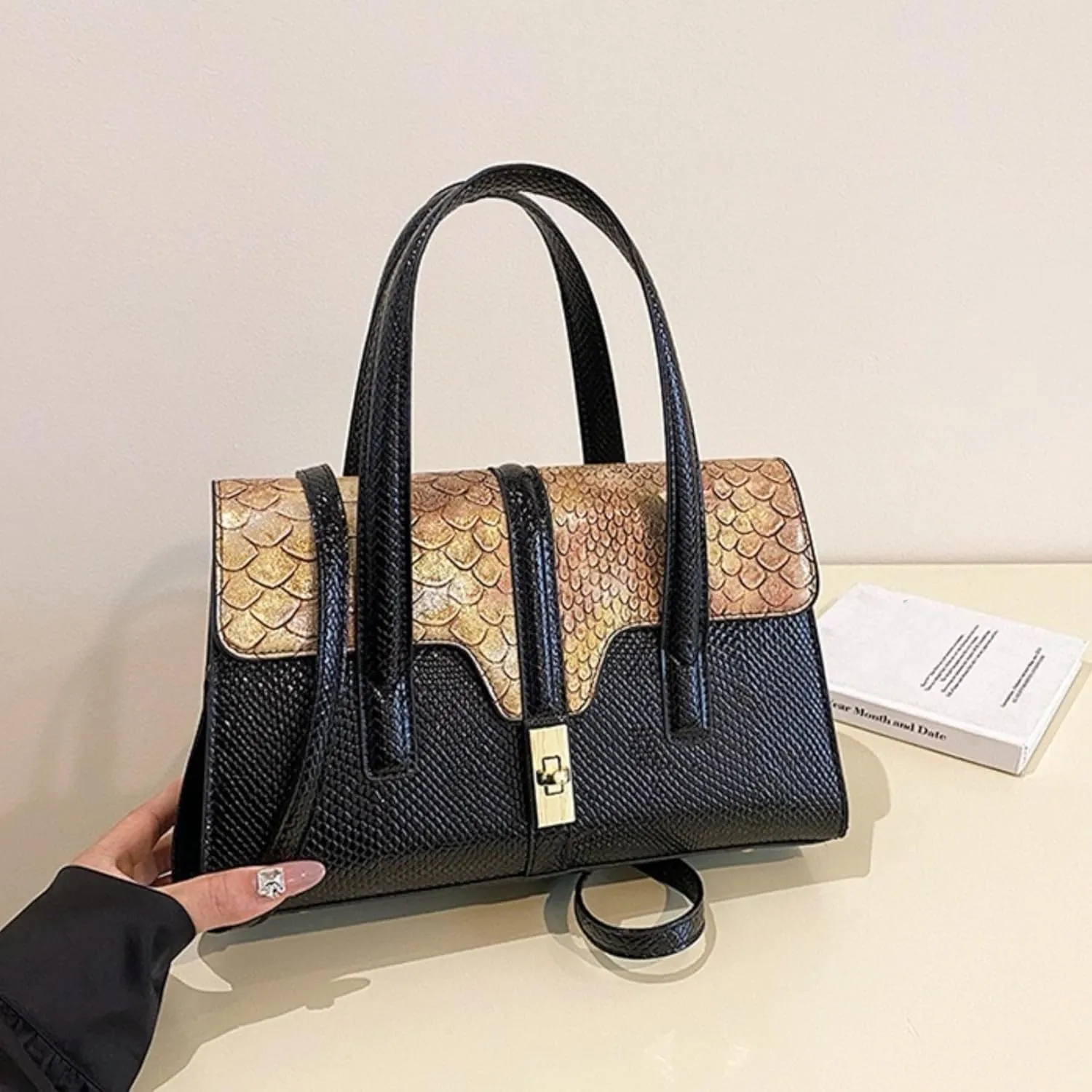Womens Fashion Snakeskin Evening Handbag Top Handle Clutch Purse Chain Shoulder Cross-body Bag