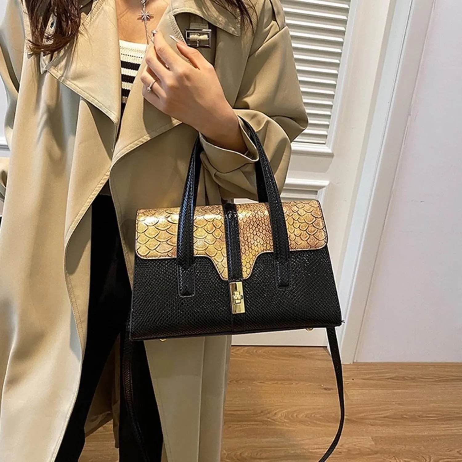 Womens Fashion Snakeskin Evening Handbag Top Handle Clutch Purse Chain Shoulder Cross-body Bag
