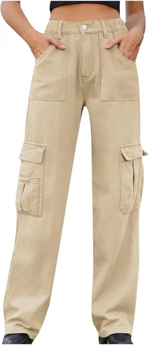 Women's High Waisted Cargo Jeans Flap Pocket Denim Cargo Pants Straight Leg Streetwear Trousers y2k Clothes