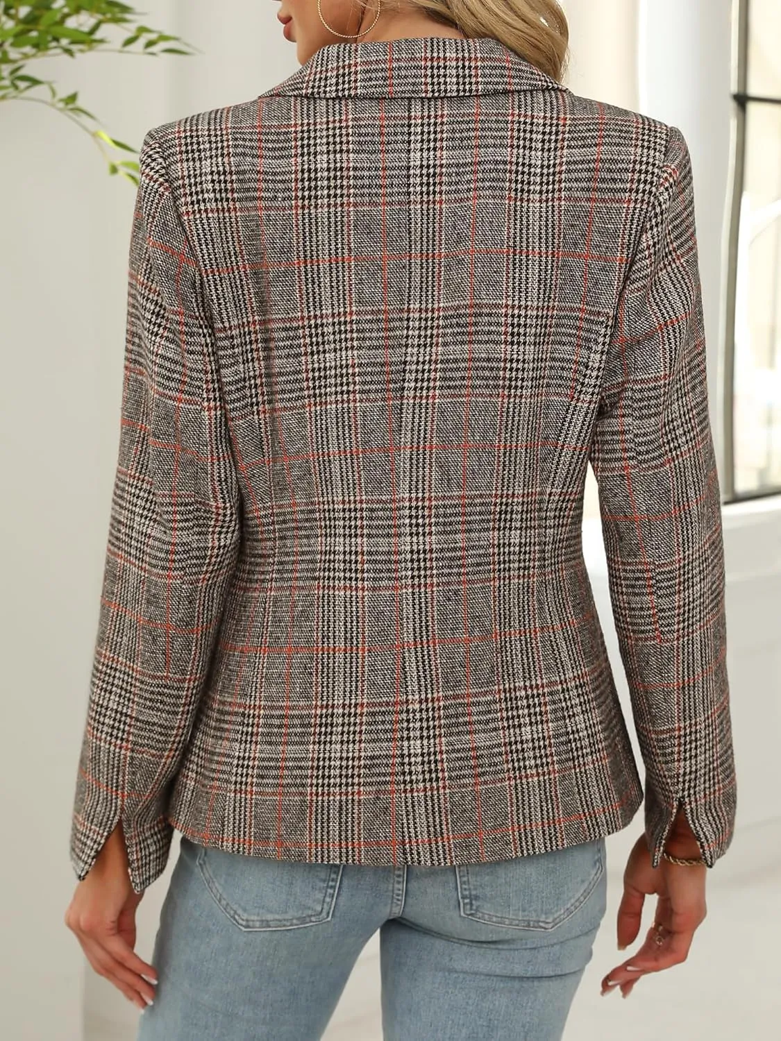 Womens Houndstooth Plaid 2 Button Blazer Jacket Notch Lapel Business Casual Long Sleeve Office Blazer