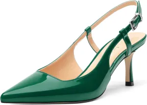 Women's Patent Leather Ankle Strap Slingback Pointed Toe Mid Heel Pumps Business Office Work Dress Shoes 2.55 Inch